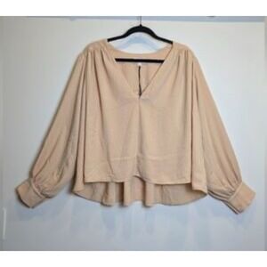 Prologue Cement Plunging V Neck Pleated Balloon Long‎ Sleeve Large Blouse